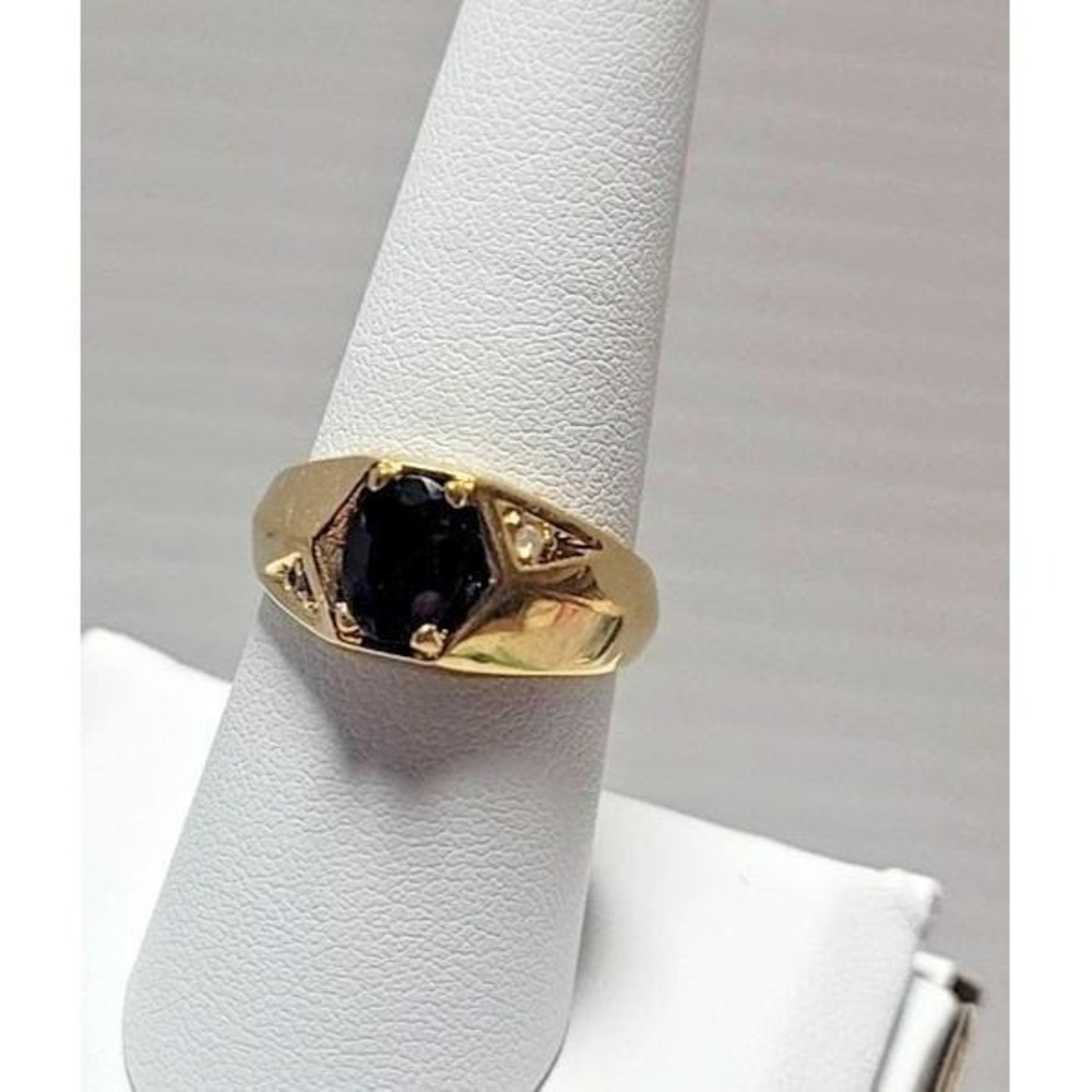 Vintage Gio Lind Yellow 24KT‎ HGE Oval Garnet Diamond Accent Signet 8 Statement
